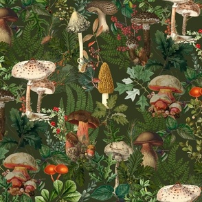 Mushroom Dance - Nostalgic Forest Psychadelic Mushroom Kitchen Wallpaper, Vintage Edible Mushrooms Forest Fabric,  Antique Greenery, Fall Home Decor,  Woodland Harvest,green