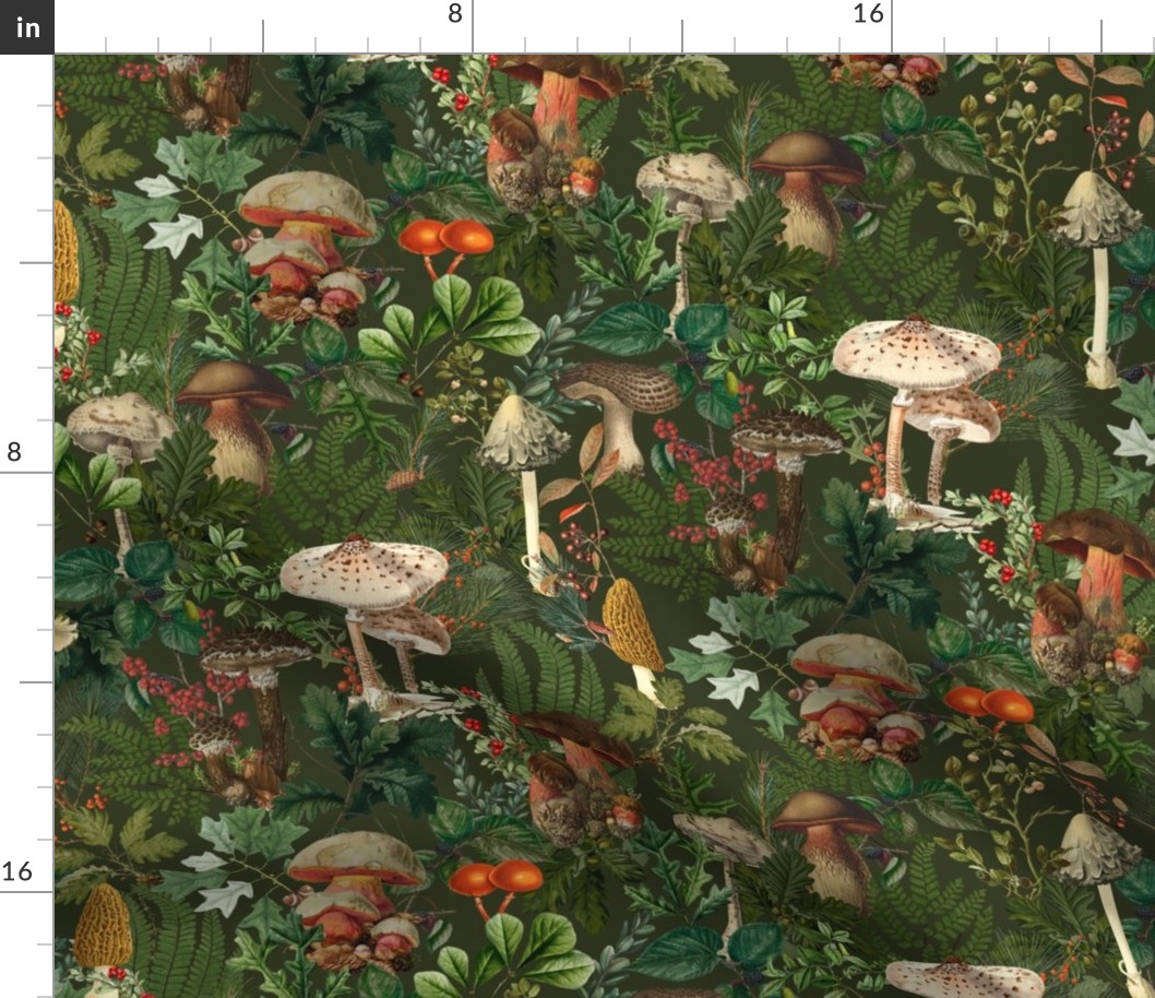 Mushroom Dance - Nostalgic Forest Psychadelic Mushroom Kitchen Wallpaper, Vintage Edible Mushrooms Forest Fabric,  Antique Greenery, Fall Home Decor,  Woodland Harvest,green