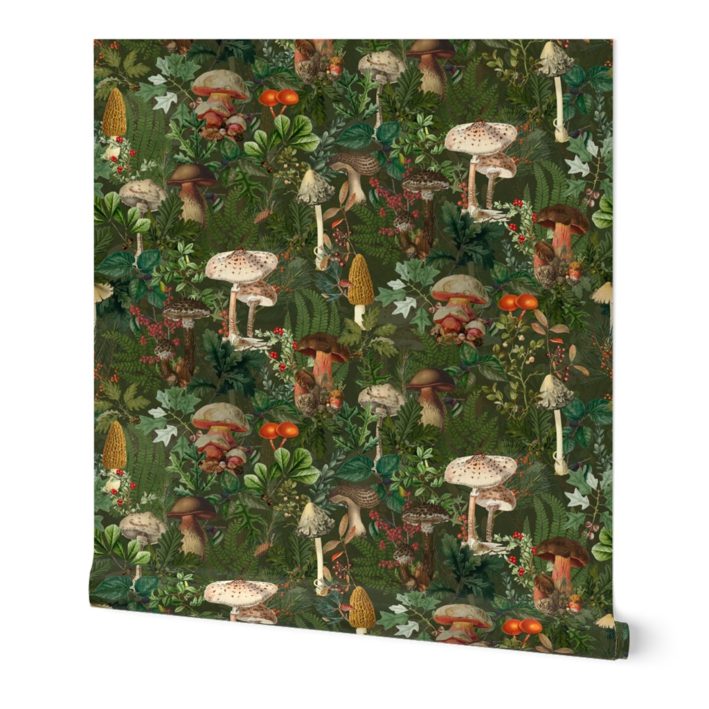 Mushroom Dance - Nostalgic Forest Psychadelic Mushroom Kitchen Wallpaper, Vintage Edible Mushrooms Forest Fabric,  Antique Greenery, Fall Home Decor,  Woodland Harvest, green double layer