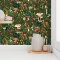 Mushroom Dance - Nostalgic Forest Psychadelic Mushroom Kitchen Wallpaper, Vintage Edible Mushrooms Forest Fabric,  Antique Greenery, Fall Home Decor,  Woodland Harvest, green double layer