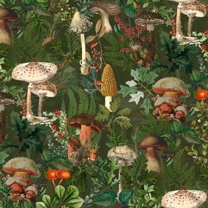 Mushroom Dance - Nostalgic Forest Psychadelic Mushroom Kitchen Wallpaper, Vintage Edible Mushrooms Forest Fabric,  Antique Greenery, Fall Home Decor,  Woodland Harvest, green double layer