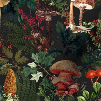 Mushroom Dance - Nostalgic Forest Psychadelic Mushroom Kitchen Wallpaper, Vintage Edible Mushrooms Forest Fabric,  Antique Greenery, Fall Home Decor,  Woodland Harvest, dark green