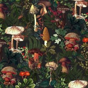 Mushroom Dance - Nostalgic Forest Psychadelic Mushroom Kitchen Wallpaper, Vintage Edible Mushrooms Forest Fabric,  Antique Greenery, Fall Home Decor,  Woodland Harvest, dark green