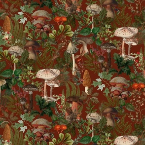 Mushroom Dance - Nostalgic Forest Psychadelic Mushroom Kitchen Wallpaper, Vintage Edible Mushrooms Forest Fabric,  Antique Greenery, Fall Home Decor,  Woodland Harvest,rust