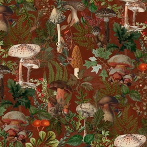 Mushroom Dance - Nostalgic Forest Psychadelic Mushroom Kitchen Wallpaper, Vintage Edible Mushrooms Forest Fabric,  Antique Greenery, Fall Home Decor,  Woodland Harvest, rust double layer