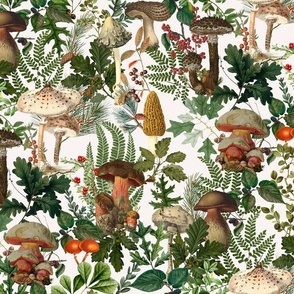 Mushroom Dance - Nostalgic Forest Psychadelic Mushroom Kitchen Wallpaper, Vintage Edible Mushrooms Forest Fabric,  Antique Greenery, Fall Home Decor,  Woodland Harvest,off white