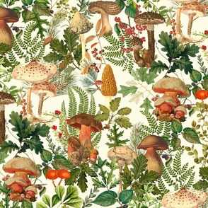 Mushroom Dance - Nostalgic Forest Psychadelic Mushroom Kitchen Wallpaper, Vintage Edible Mushrooms Forest Fabric,  Antique Greenery, Fall Home Decor,  Woodland Harvest,sunny beige