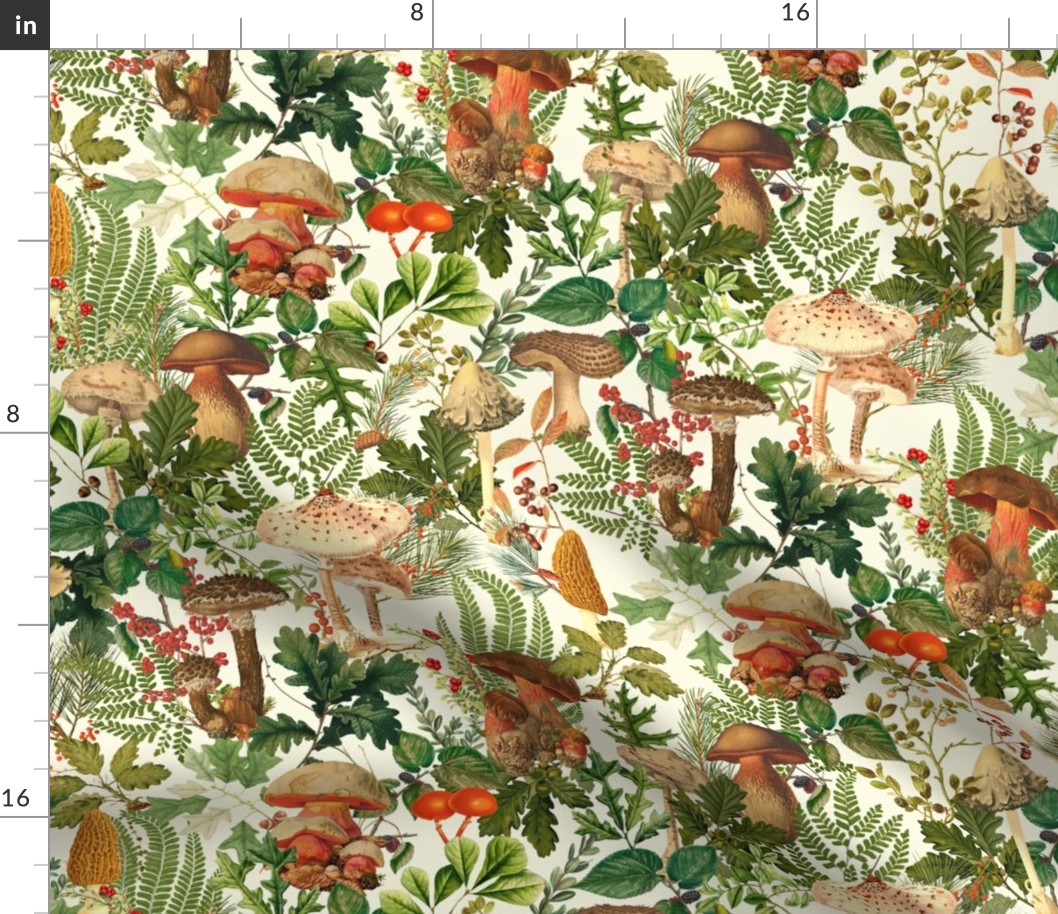 Mushroom Dance - Nostalgic Forest Psychadelic Mushroom Kitchen Wallpaper, Vintage Edible Mushrooms Forest Fabric,  Antique Greenery, Fall Home Decor,  Woodland Harvest,sunny beige