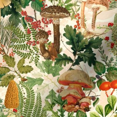 Mushroom Dance - Nostalgic Forest Psychadelic Mushroom Kitchen Wallpaper, Vintage Edible Mushrooms Forest Fabric,  Antique Greenery, Fall Home Decor,  Woodland Harvest,sunny beige double layer