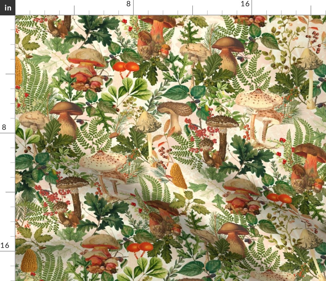 Mushroom Dance - Nostalgic Forest Psychadelic Mushroom Kitchen Wallpaper, Vintage Edible Mushrooms Forest Fabric,  Antique Greenery, Fall Home Decor,  Woodland Harvest,sunny beige double layer