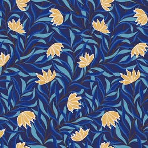 Vintage Cottage Core Climbing Floral wallpaper jewel tone blue and gold