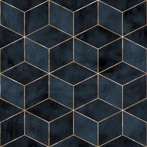 Art deco style gold and navy blue watercolor cubes