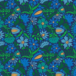 Block Print Textured Scandinavian Folk Florals jewel tones blue green gold large