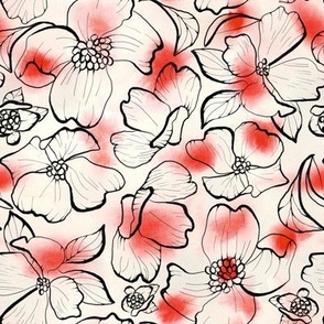Transparent flowers in black line on white red polka dots.