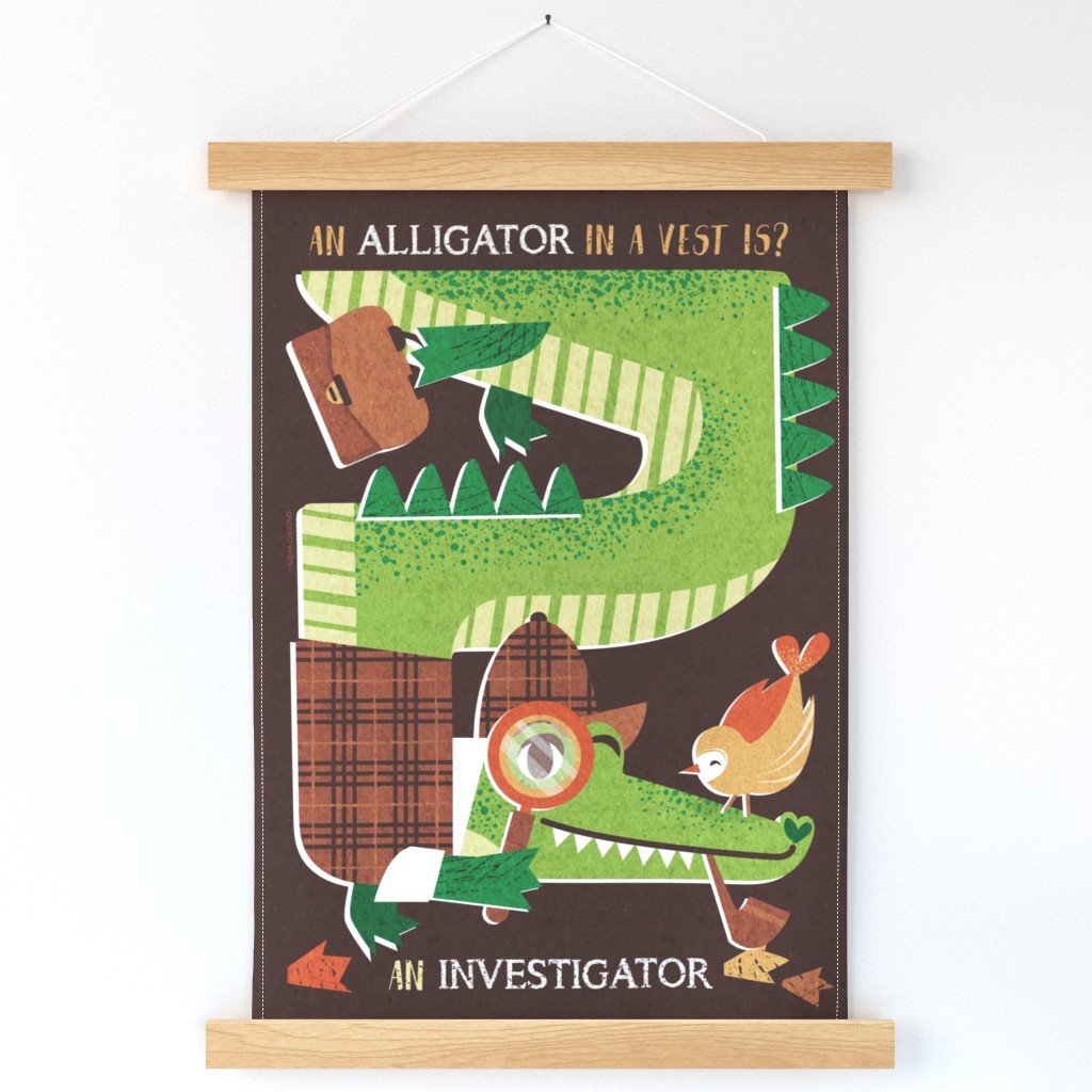 Alligator investigator dad joke 27"x18" TEA TOWEL or WALL HANGING // expresso brown textured background green detective alligator 