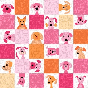 Lovable Mutts - cheater quilt - pink and orange - cute dog patchwork