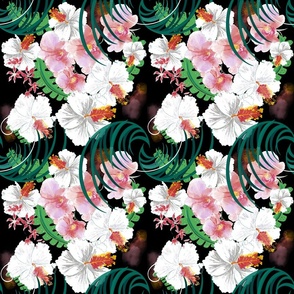 Tropical Flowers on black, 9” repeat