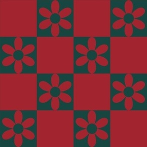 Retro Christmas Daisy Checkerboard in Red + Evergreen