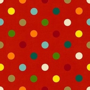  Multi coloured  polka dots on linen red, small