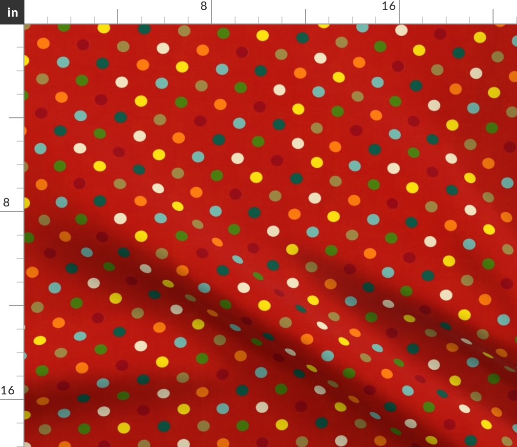  Multi coloured  polka dots on linen red, small