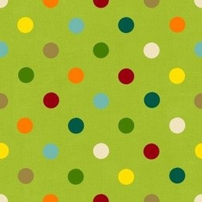  Multi coloured  polka dots on linen lime green , small