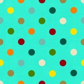  Multi coloured  polka dots on linen turquoise, small