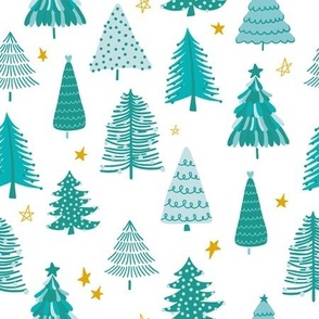 Medium: Green Winter Forest Christmas Tree & Stars (white)