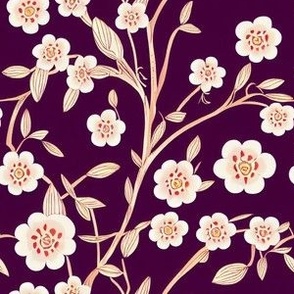 Boho - Abstract - Chinoserie Inspired - White Flowers on Purple