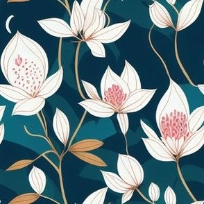 Boho - Abstract - Chinoserie Inspired - White Flowers on Teal Blue Shades