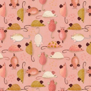 Cat Toy Mice-on pale pink with yellow and pink linen (large scale)