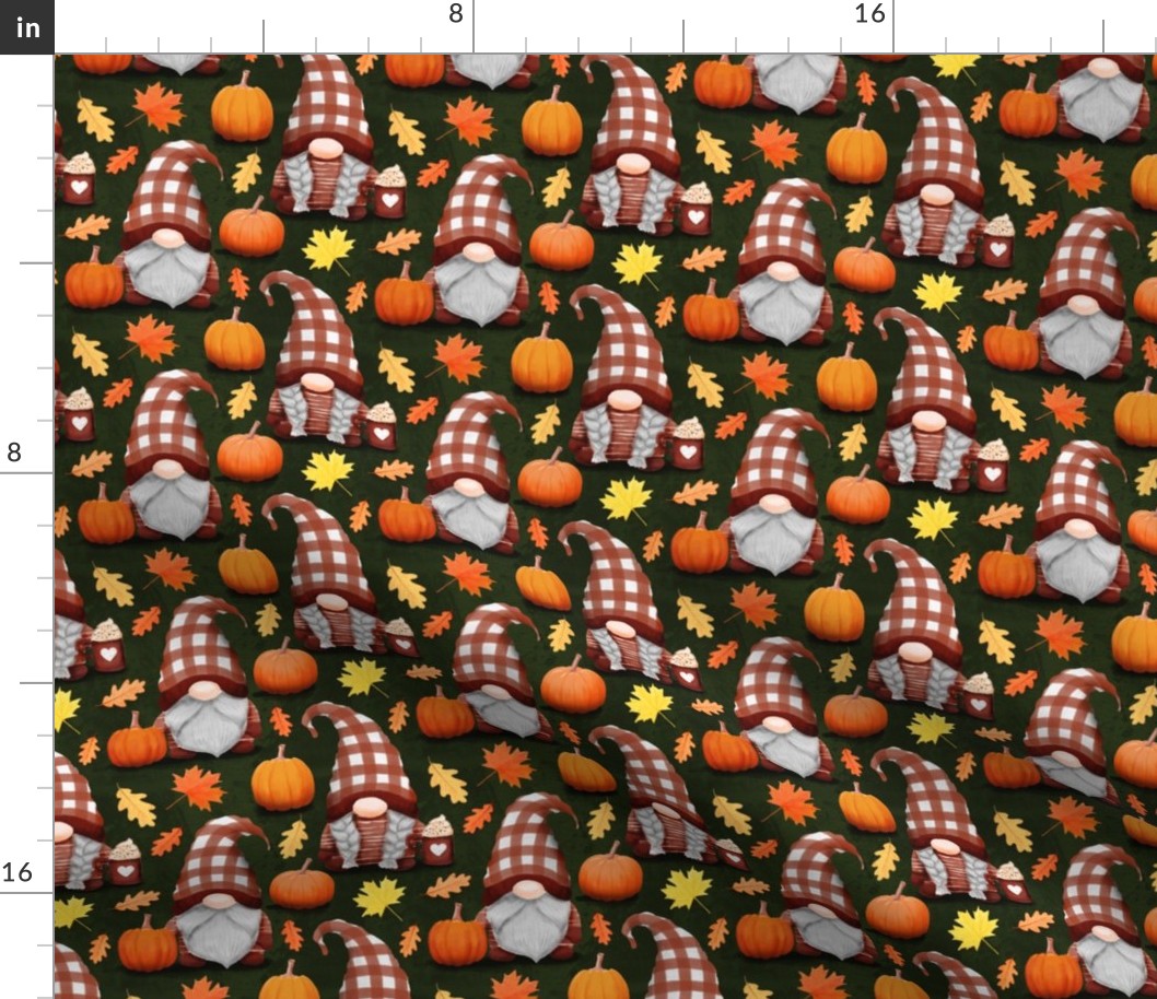 fall gnomes fabric , thanksgiving moos green small scale