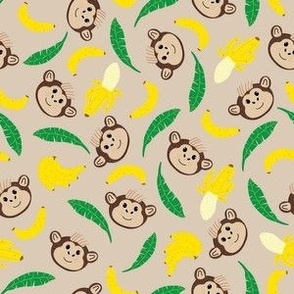 Monkeys Leaves and Bananas on Tan Background Monkey Collection