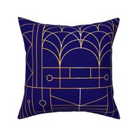 1920 art deco golden Geometric arches and fans on Dark blue background. 