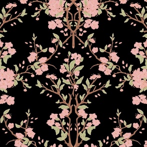 Damask style cherry blossoms on black