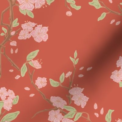 Damask style cherry blossoms on faded red