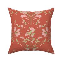Damask style cherry blossoms on faded red