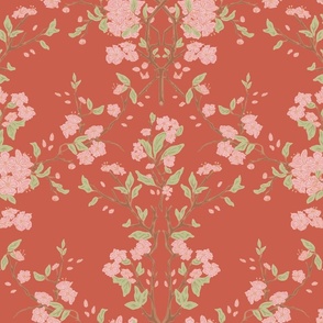 Damask style cherry blossoms on faded red