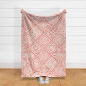 Cozy Granny Squares Diagonal- Flamingo Coral- Pastel Orange- Bohemian Spring- White- Vintage Lace- Boho Crochet - Extra Large Nursery Wallpaper- Baby Girl