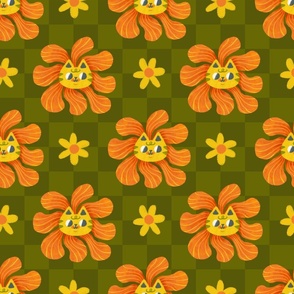 Kitty Cat Checks with Crazy Daisies on Olive Green
