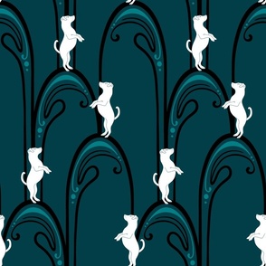 Art Nouveau Playful Pups // Medium // Dark Teal // Dancing Dogs