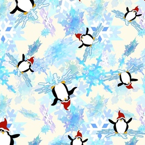Baby Penguins Gliding on Snowflakes