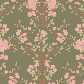 Damask style cherry blossoms on green