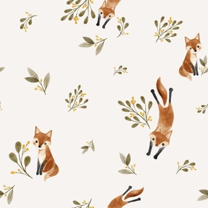 playful fox in the woods - muted orange and forest green - large scale
