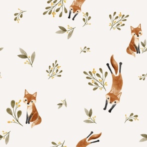 playful fox in the woods - muted orange and forest green - medium scale