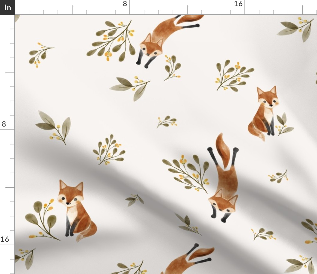 playful fox in the woods - muted orange and forest green - medium scale