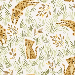 Cheetah in wild jungle in ochre yellow with mint green grass - largest scale