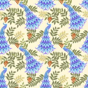 Periwinkle and Lavender Peacocks on Olive or Cherry Tree Branches