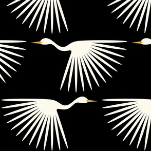 Art Deco Cranes - Cream on Black - 12" wide repeat
