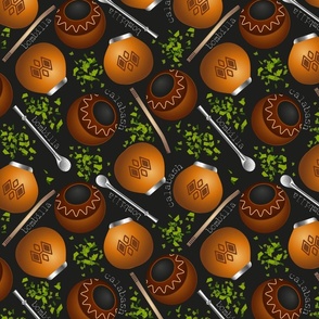 Mate-themed pattern, a traditional South American drink - calebasse, mate and bombilla on a dark background.