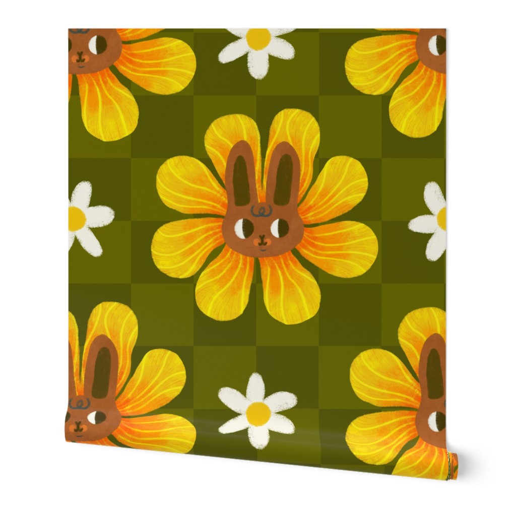 Bunny Rabbit Checks with Crazy Daisies on Olive Green for 2023